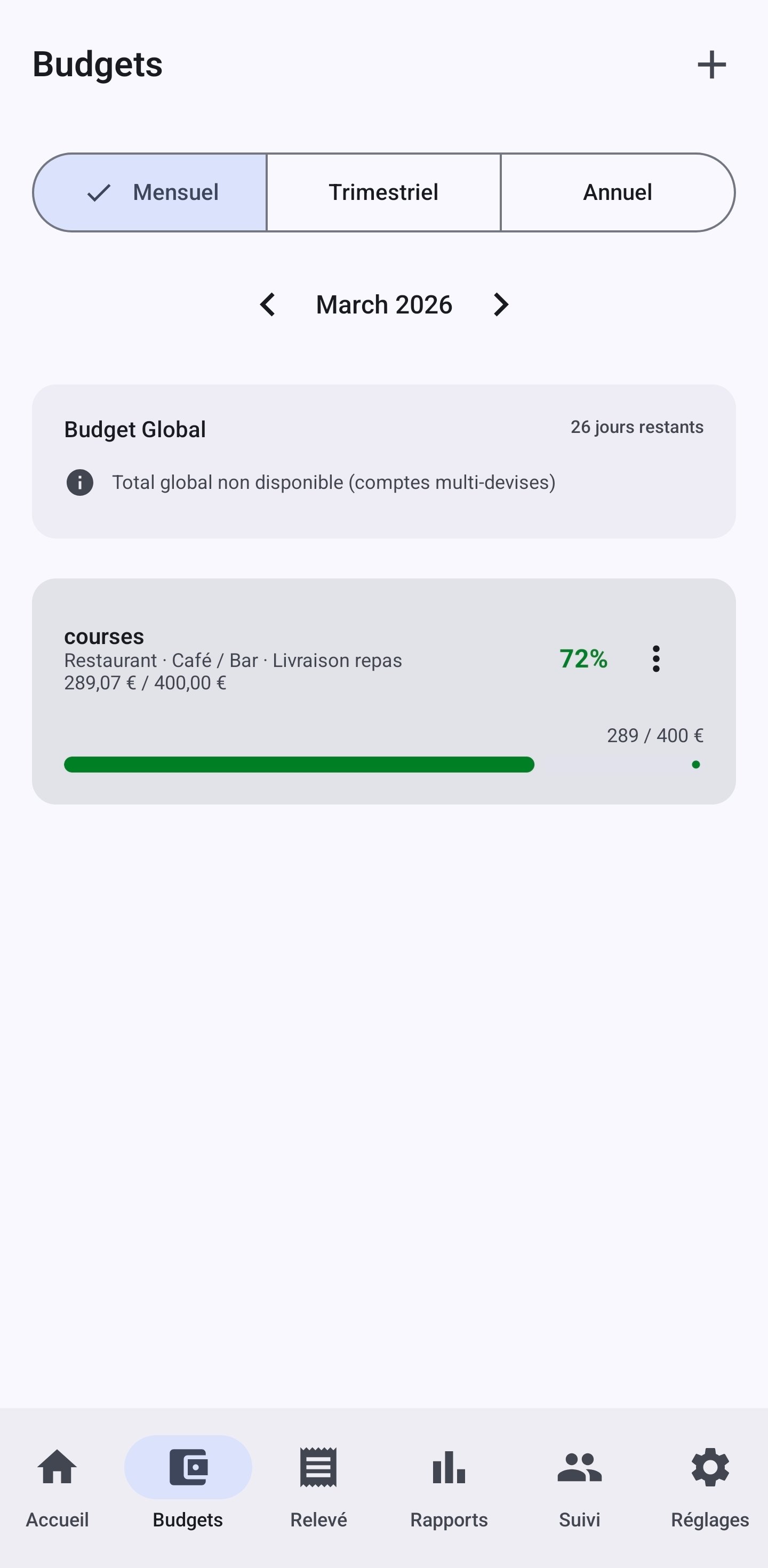 Écran de gestion des budgets mensuels avec barre de progression